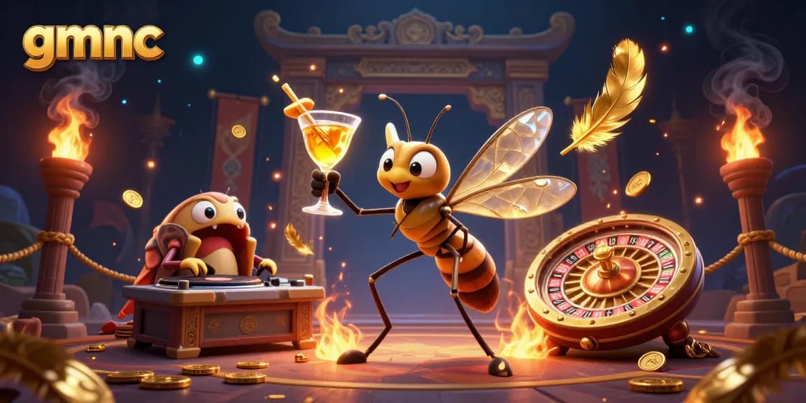 Experience the thrill of GMNC with the mascot mosquito and trilobite DJ at a vibrant casino scene.