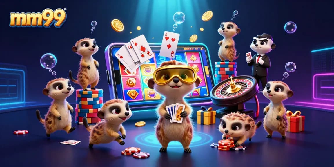 Experience captivating gaming with mm99 in a vibrant 3D casino scene featuring playful meerkats.
