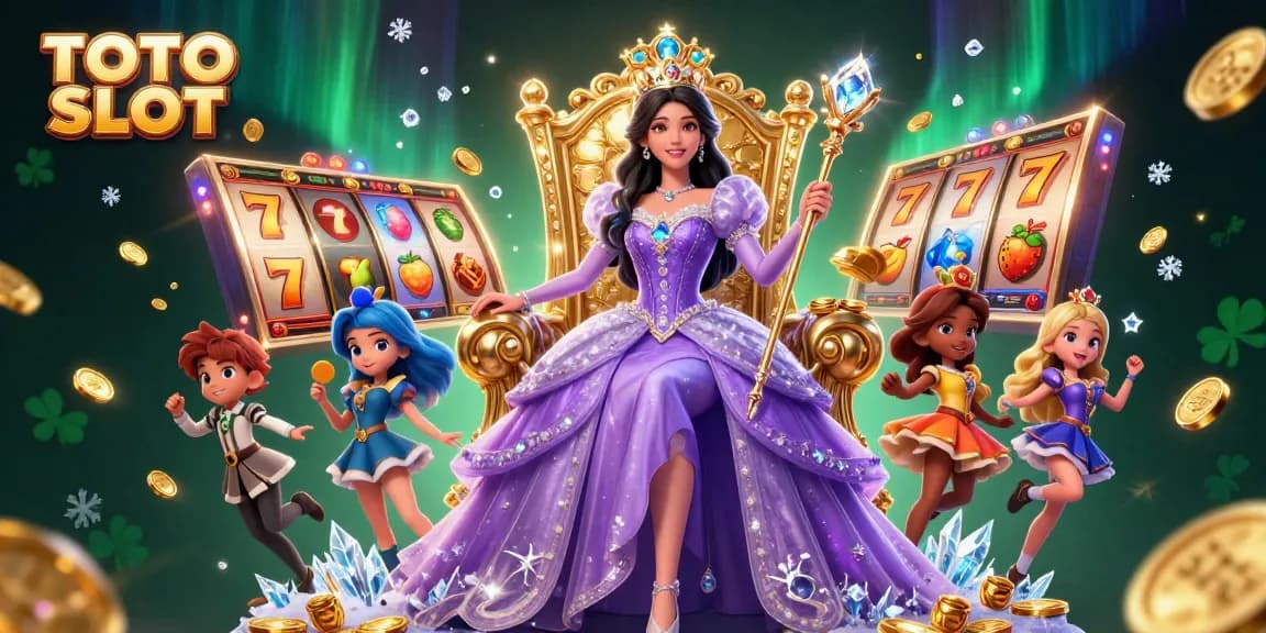 TOTO SLOT captures a majestic scene featuring a regal princess among dynamic slot reels and casino elements, perfect for gambling enthusiasts.