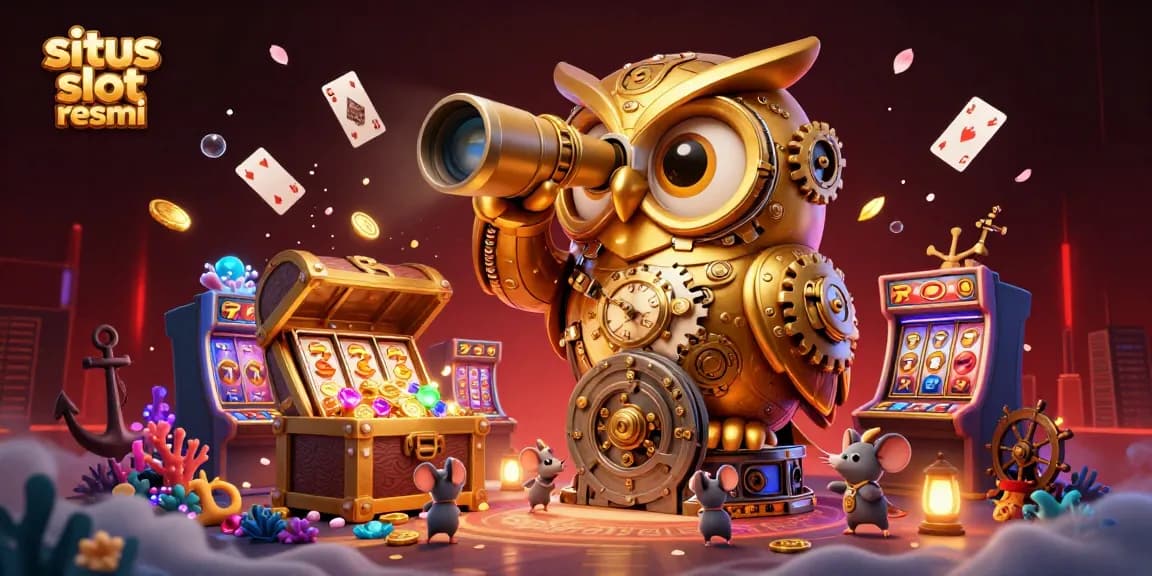 Engage on situs slot resmi with a vivid 3D casino illustration showcasing an owl scanning a slot machine floor.