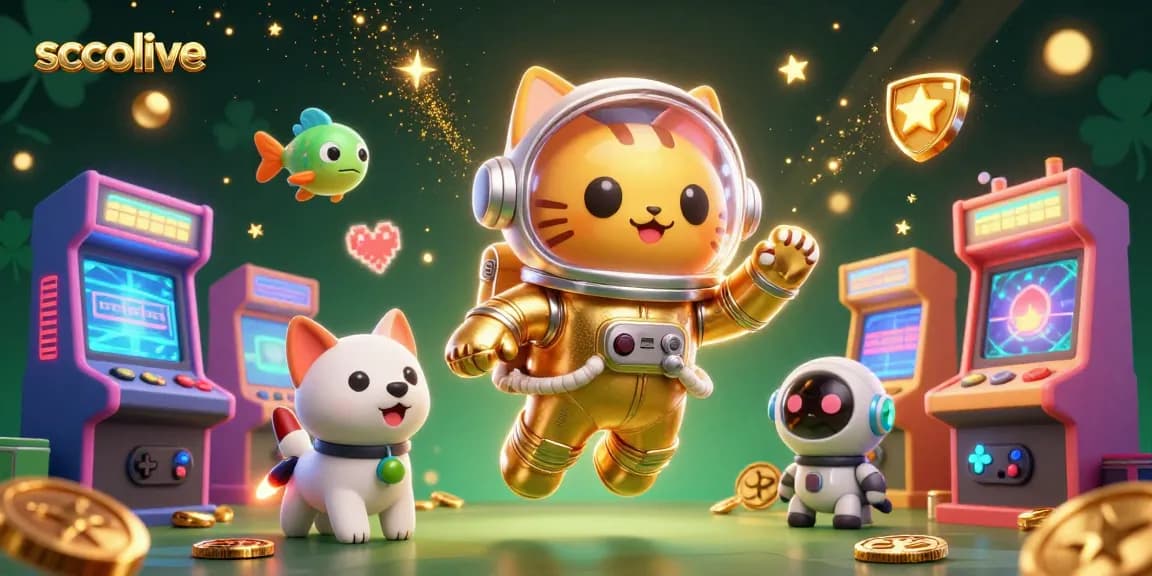 Socolive showcases thrilling gameplay with a 3D astronaut cat amidst vibrant arcade machines and sparkling effects.