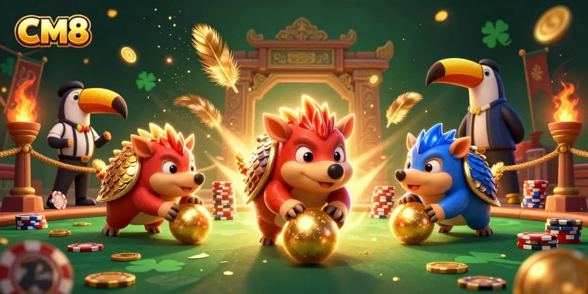 Engage with CM8's thrilling action as rival pangolins bowl through poker chips in a vibrant casino scene.
