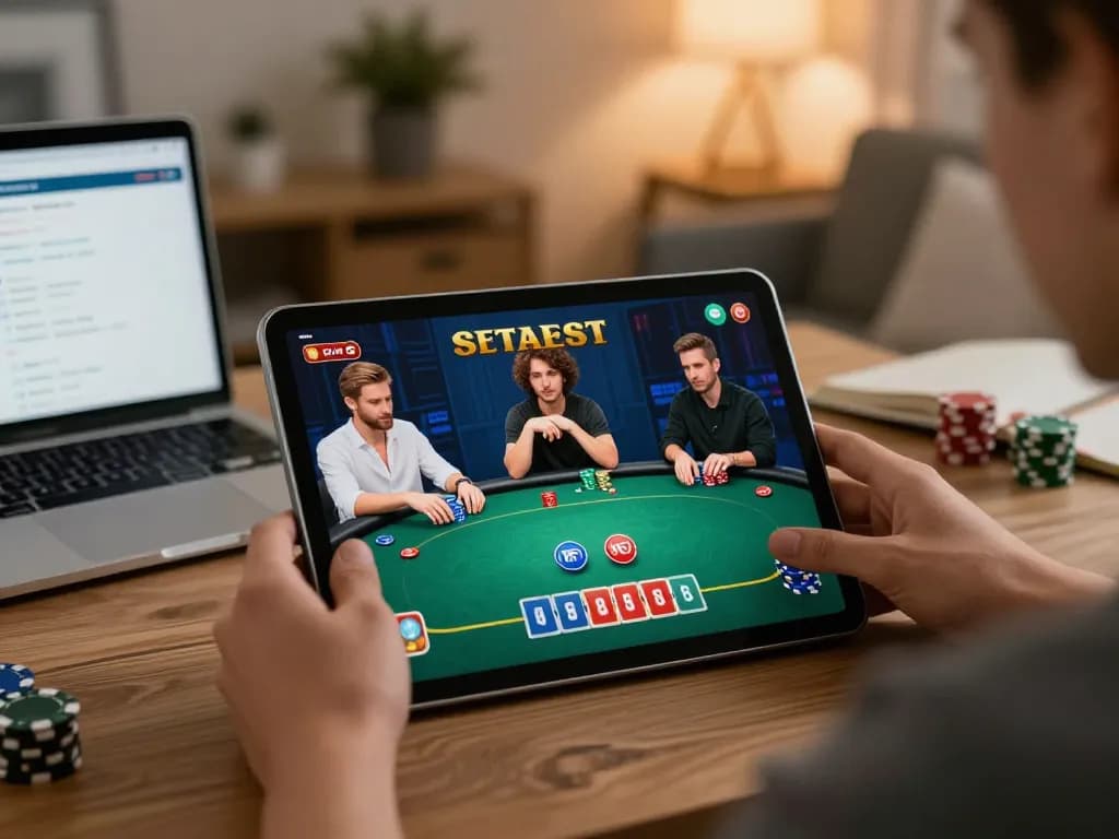 Players strategizing over online poker in their cozy home, highlighting top game bài đổi thưởng.