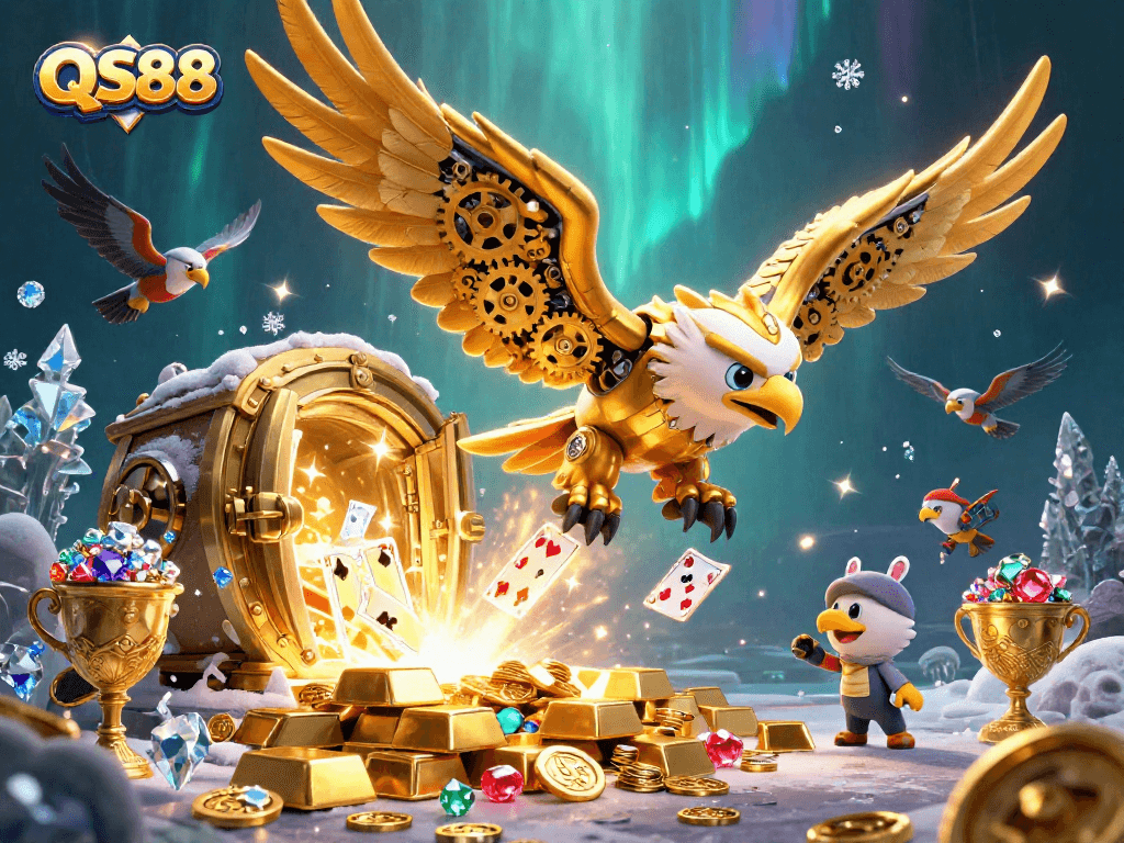 Experience thrilling gameplay at QS88 with a 3D cybernetic eagle diving through holographic cards.