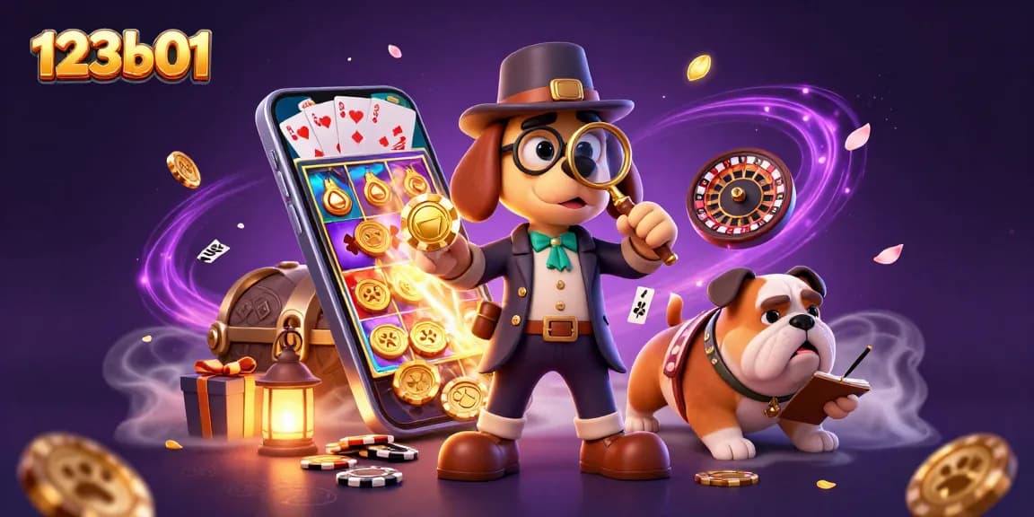 Join the fun at 123b01 while exploring poker chips and slot games in an engaging casino scene.