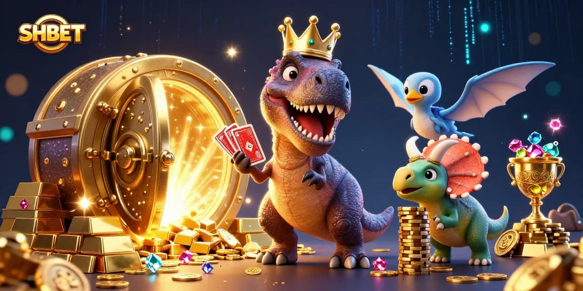 Experience thrilling gaming adventures at SHBET with an exciting 3D dinosaur-themed casino illustration.
