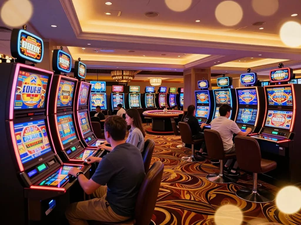 Players enjoying exciting slot games at RR88 casino with colorful displays and vibrant ambiance.