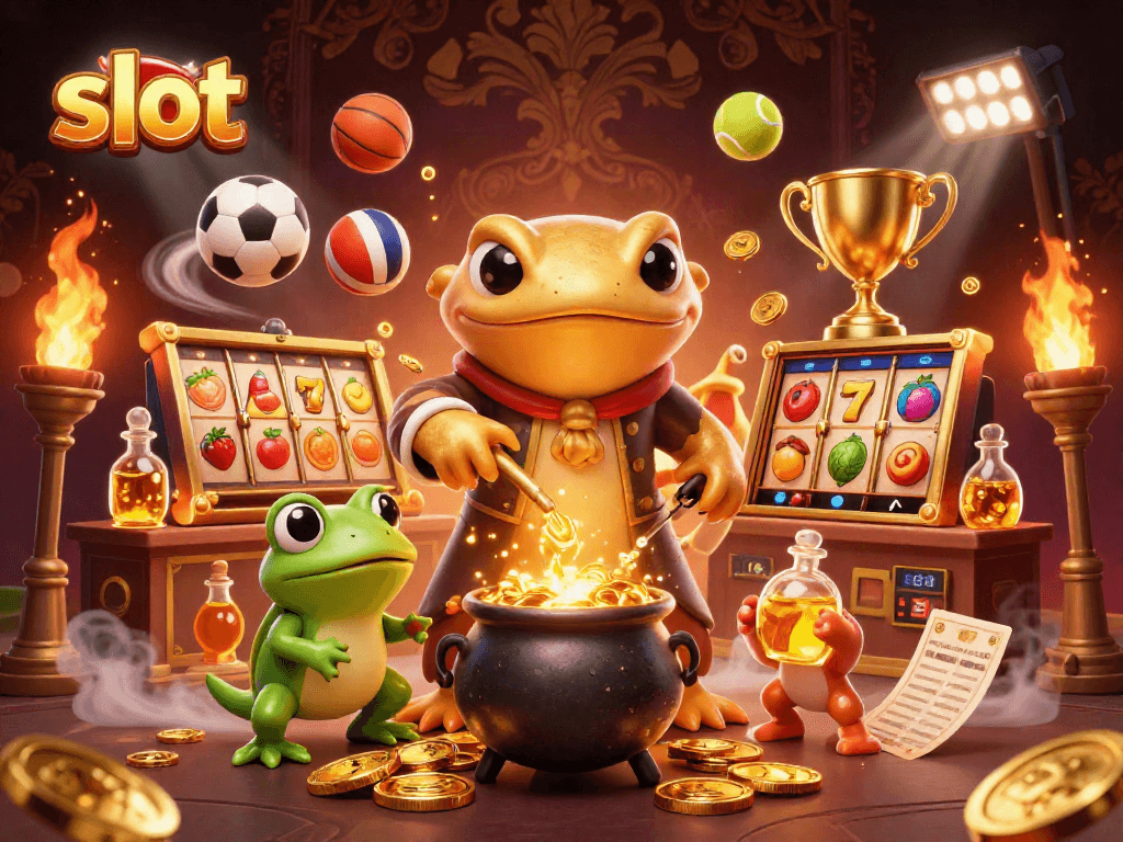 Engage in thrilling slot gameplay with vibrant reels and a golden alchemist scene.