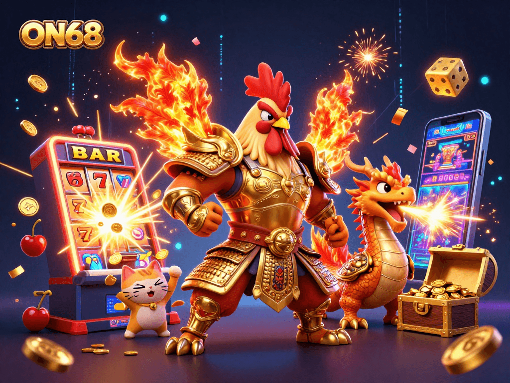 Experience ON68's thrilling casino atmosphere with a powerful rooster warrior and dragon, winning big!