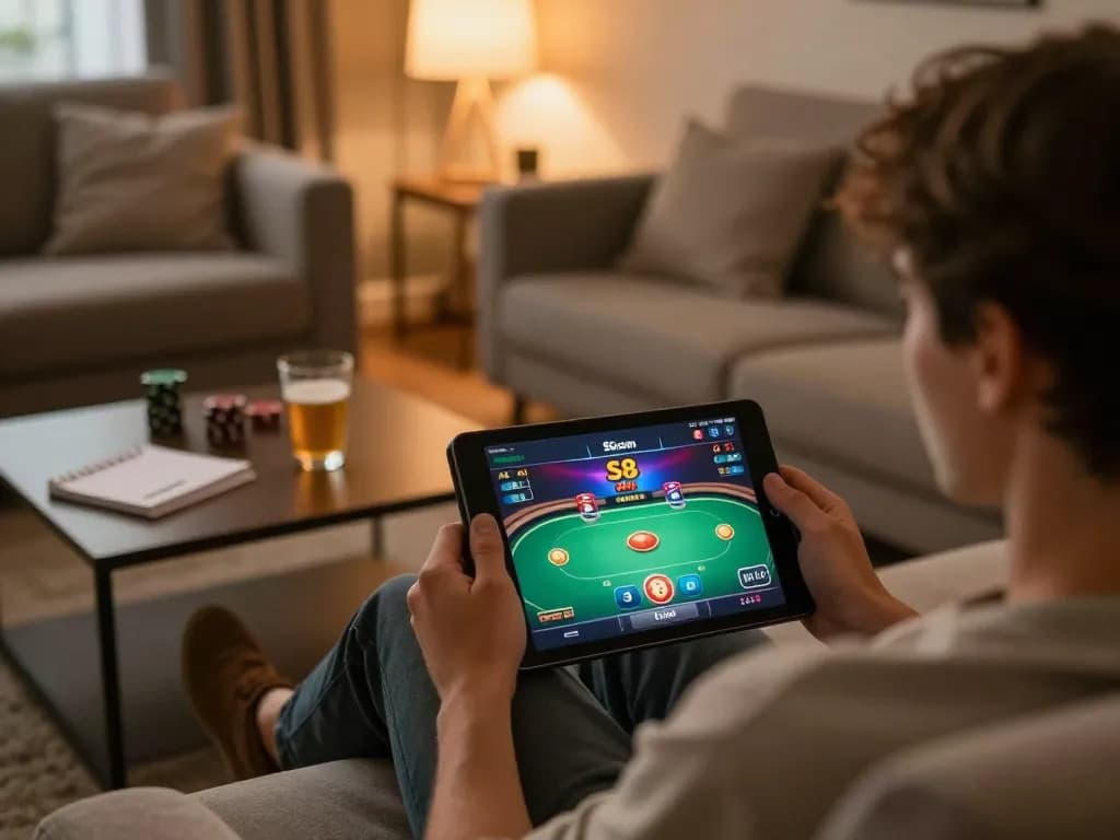 A player using the S8 com gambling app on a tablet in a cozy home setting while enjoying poker.