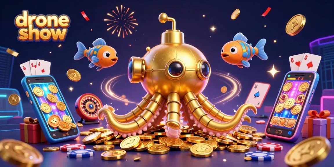 Experience an exhilarating drone show with a golden kraken submarine surrounded by vibrant casino elements.