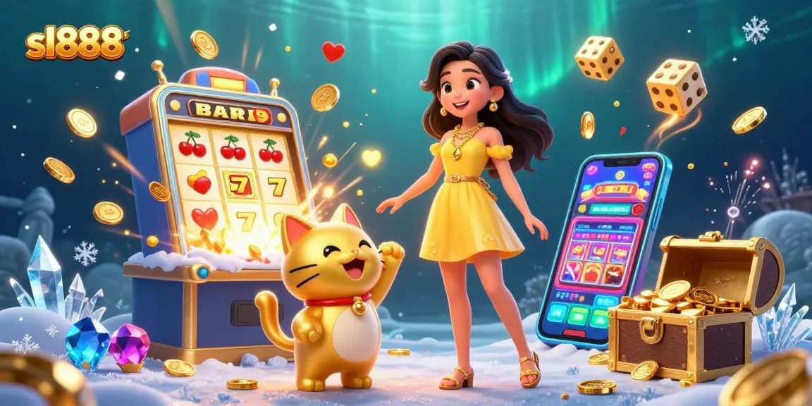 Engage with sl888 as a joyful Asian woman interacts with a lucky cat in a vibrant casino scene.