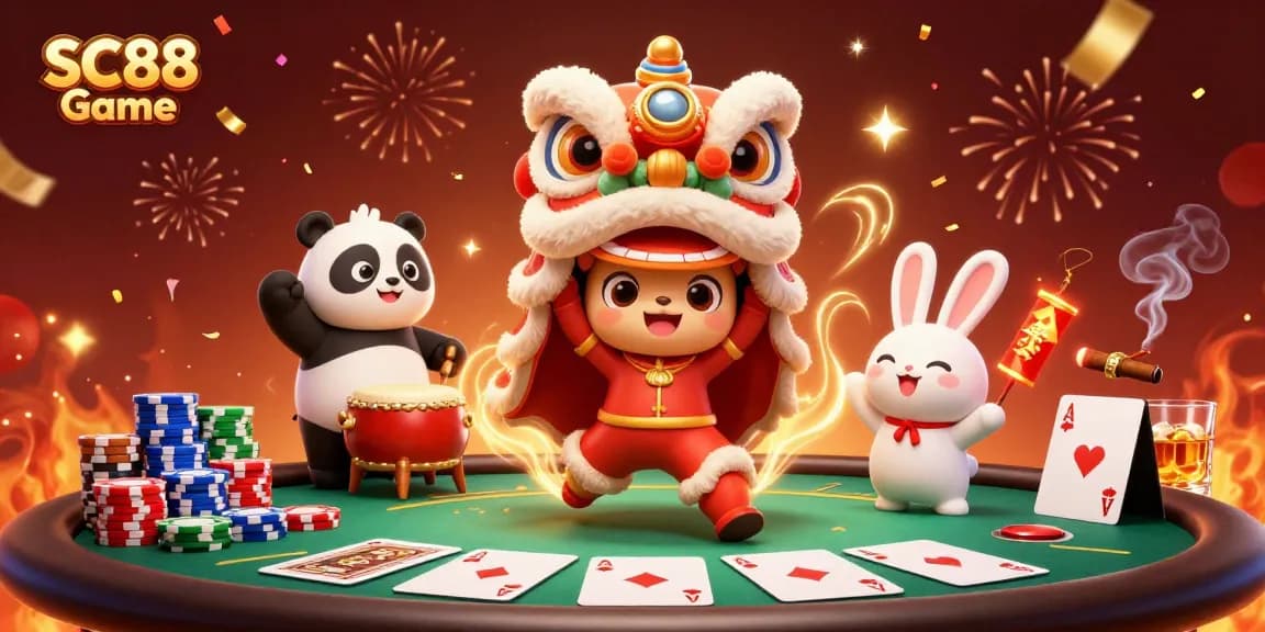 Engage in thrilling SC88 Game action with cartoon characters celebrating at a vibrant poker table.