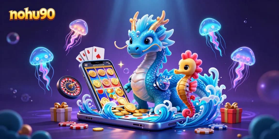 Experience nohu90's vibrant 3D casino adventure featuring a dragon, knight, and jellyfish.