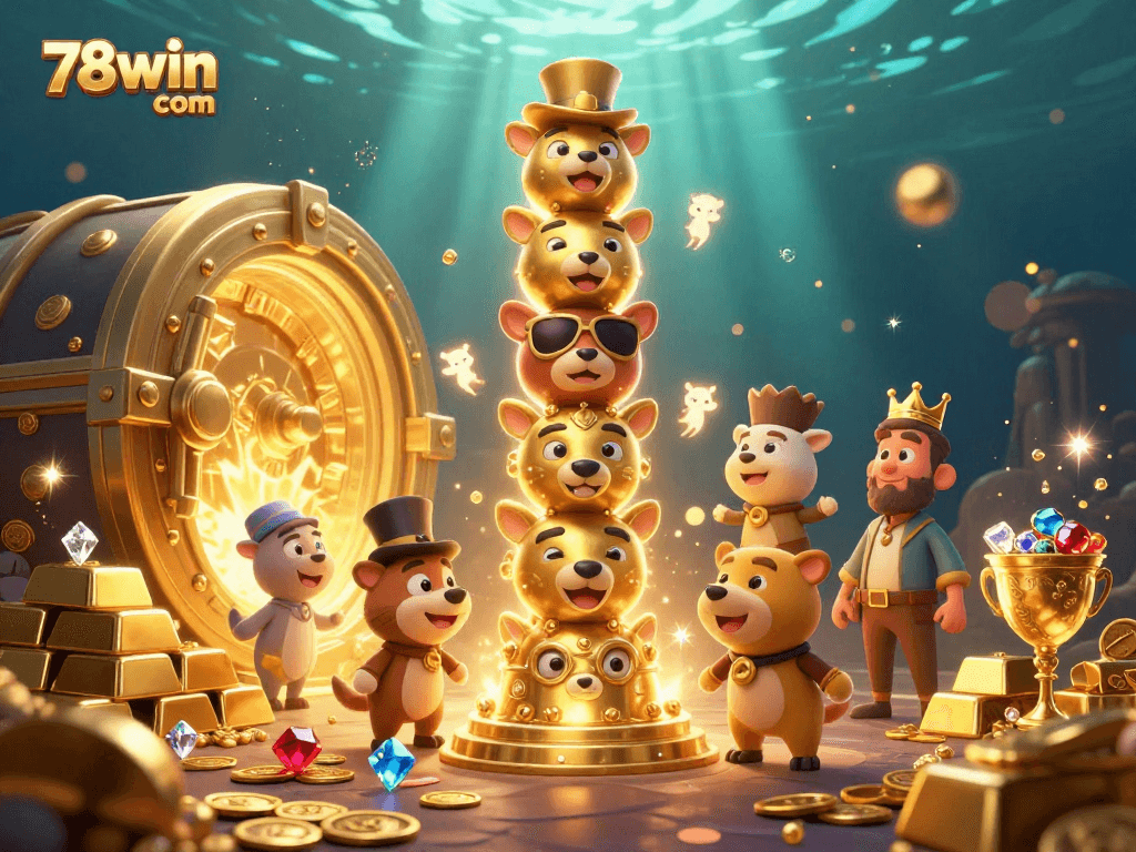 Engage with the thrilling world of 78win com featuring vibrant casino elements, golden treasures, and animated characters.