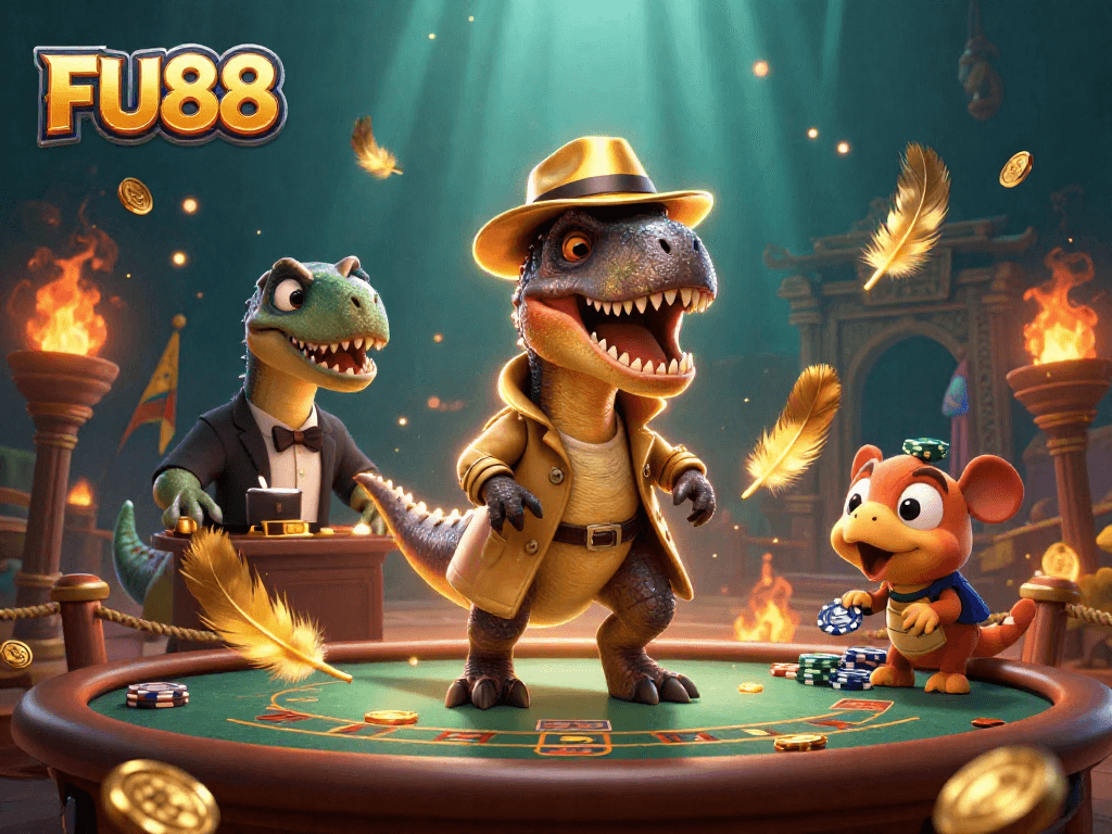 Join the action at FU88 with a cartoon velociraptor card counter, stegosaurus pit boss, and a compy pickpocket.