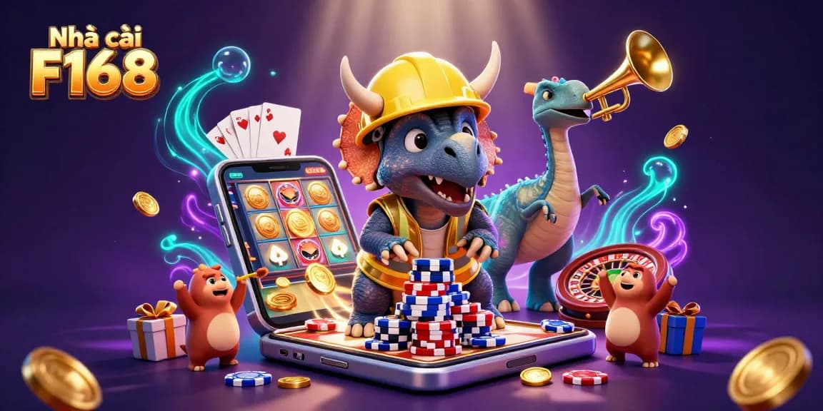 Engage with the vibrant scene featuring Nhà cái F168 as characters build excitement with poker chips and slot games, ideal for online gaming.