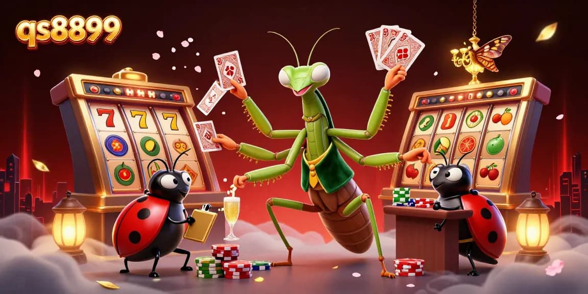 Win big with qs8899 as the giant mantis deals cards in a vibrant 3D casino!