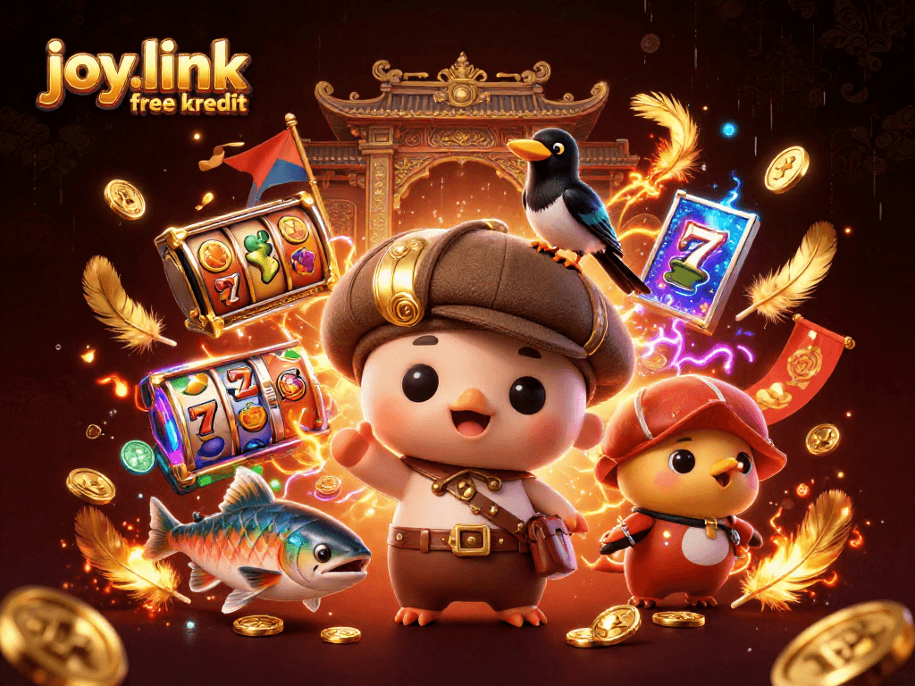 Experience joy.link free kredit with vibrant slot reels and playful characters in a 3D casino scene.