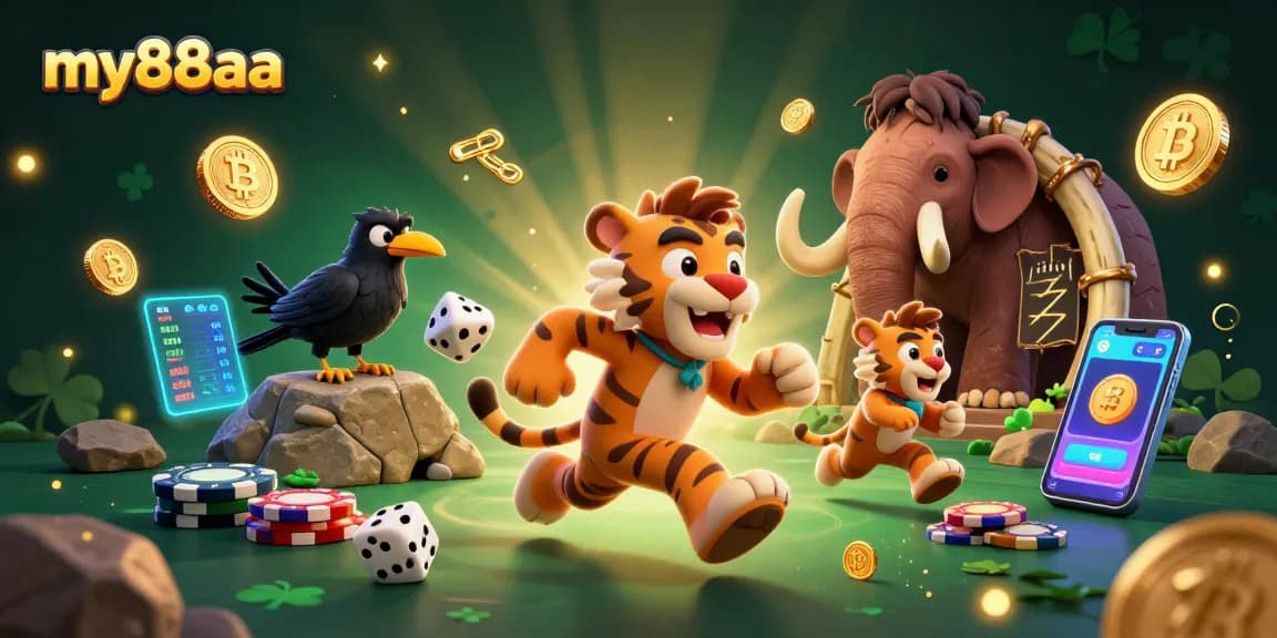 Experience thrilling gaming with my88aa at an epic prehistoric casino featuring 3D characters and glowing crypto.