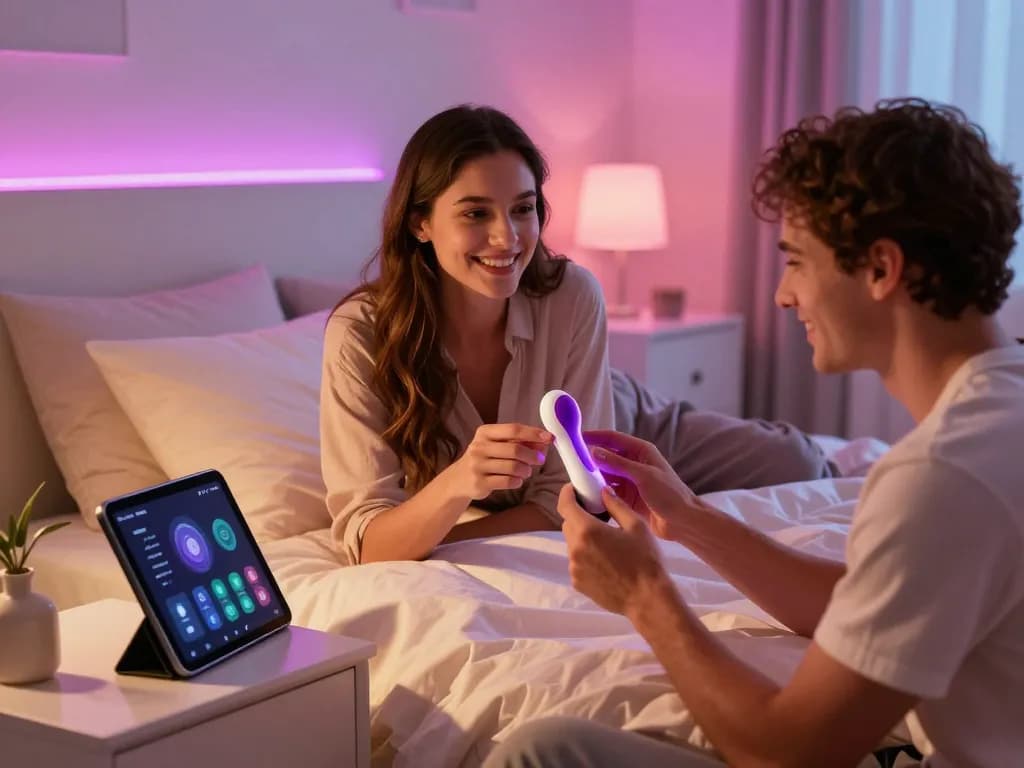 Couple exploring ai sex technology in a cozy bedroom with interactive devices and ambient lighting.