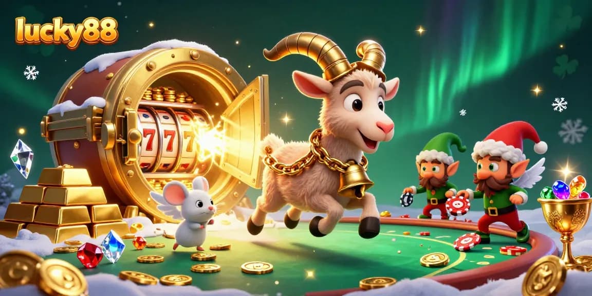 Spin to win on lucky88 slot with a festive 3D Krampus, angel mouse, and gremlins stealing chips
