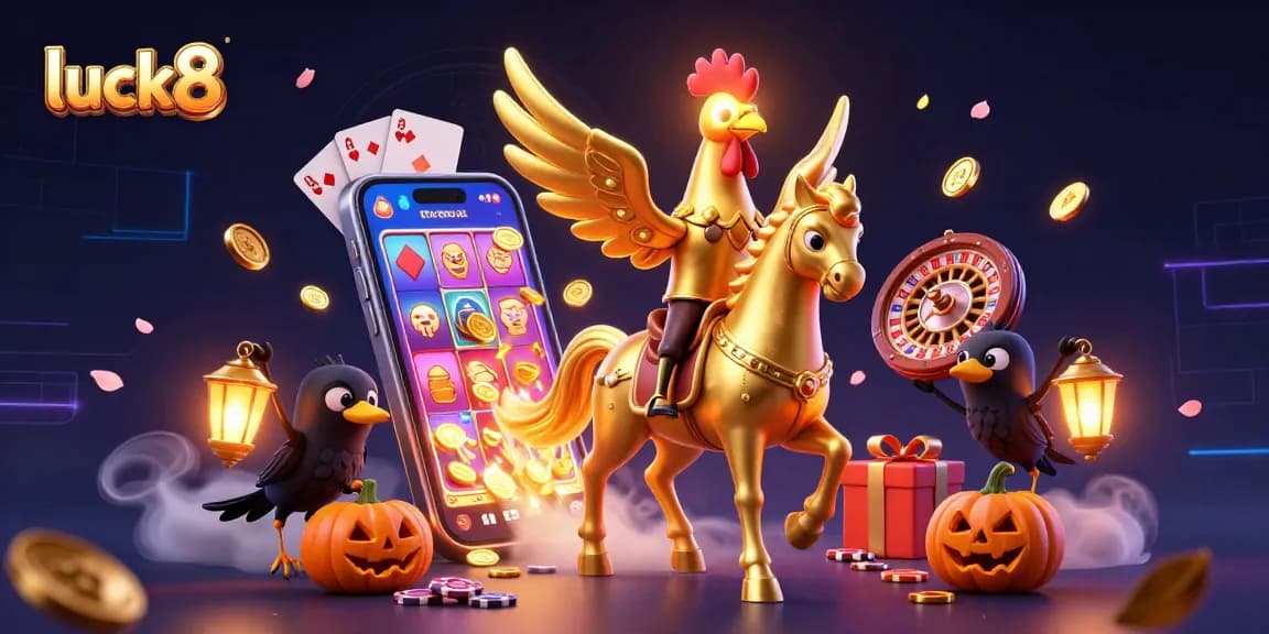 Experience the excitement of luck8 with a golden rooster riding through a vibrant casino scene filled with gambling elements.