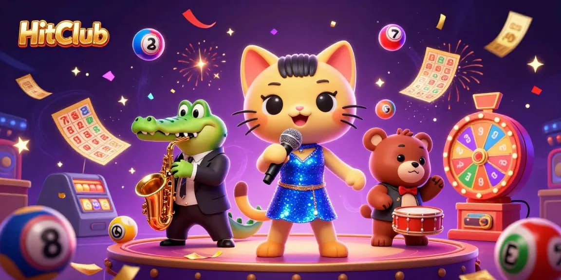 HitClub lively casino scene with cartoon characters celebrating winnings, vibrant colors.