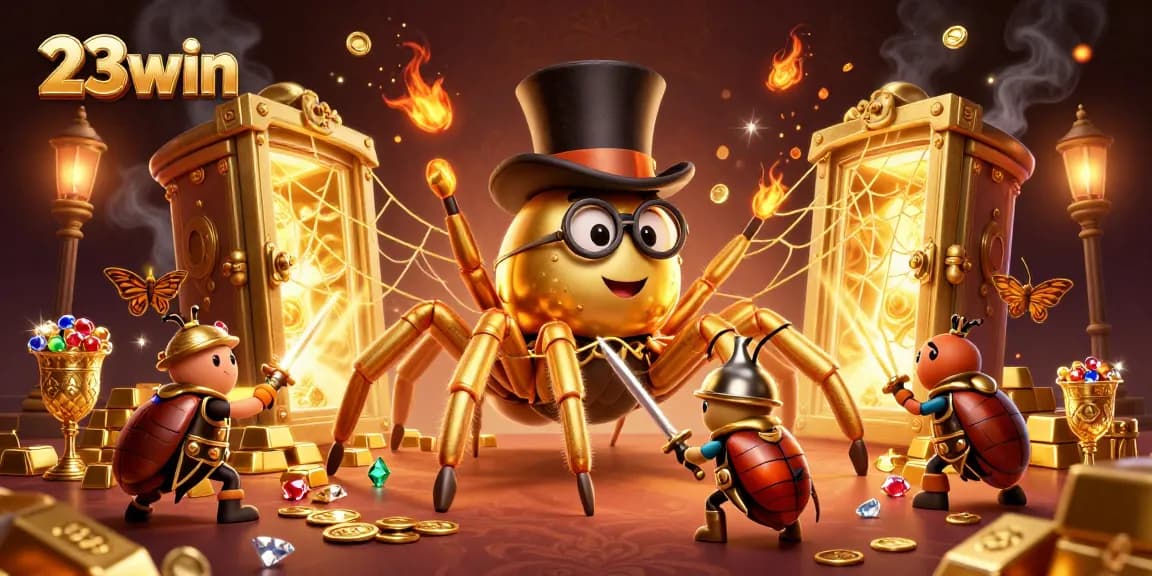 Feel the excitement at 23win with a charming golden tarantula and beetle knight amidst casino treasures