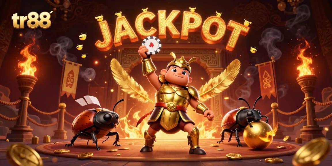 Win big with tr88 as the heroic beetle lifts a poker chip in a vibrant casino scene