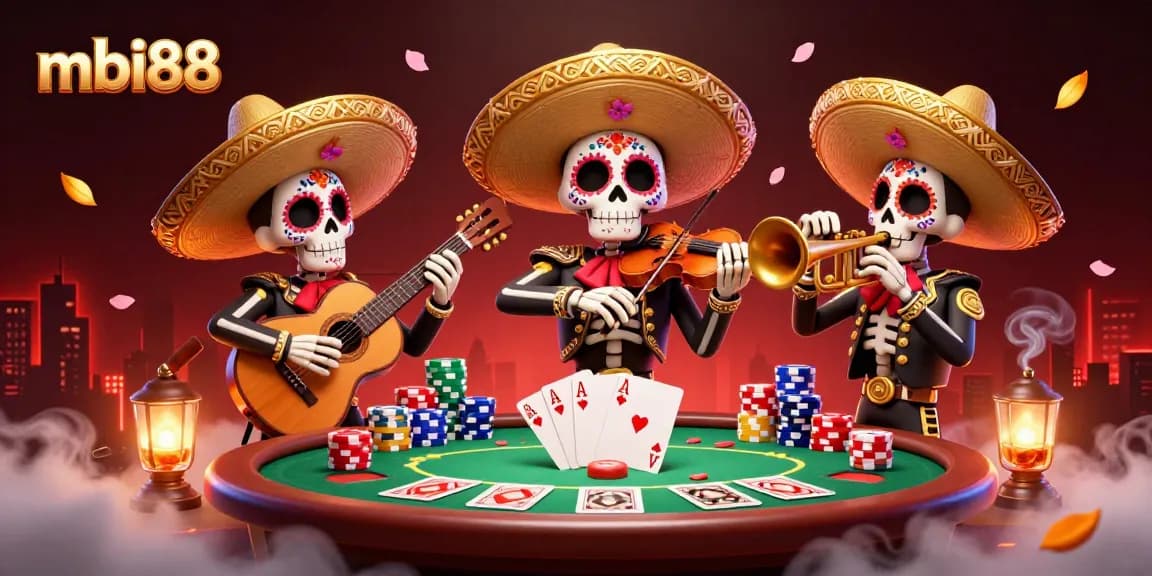 Join the fun with mbi88 at a vibrant online casino scene featuring a skeleton mariachi band surrounded by poker elements.