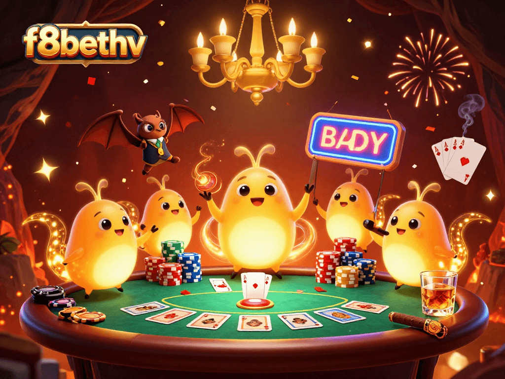 Experience vibrant gameplay at f8bethv, featuring a lively casino scene with glowworms illuminating the excitement.