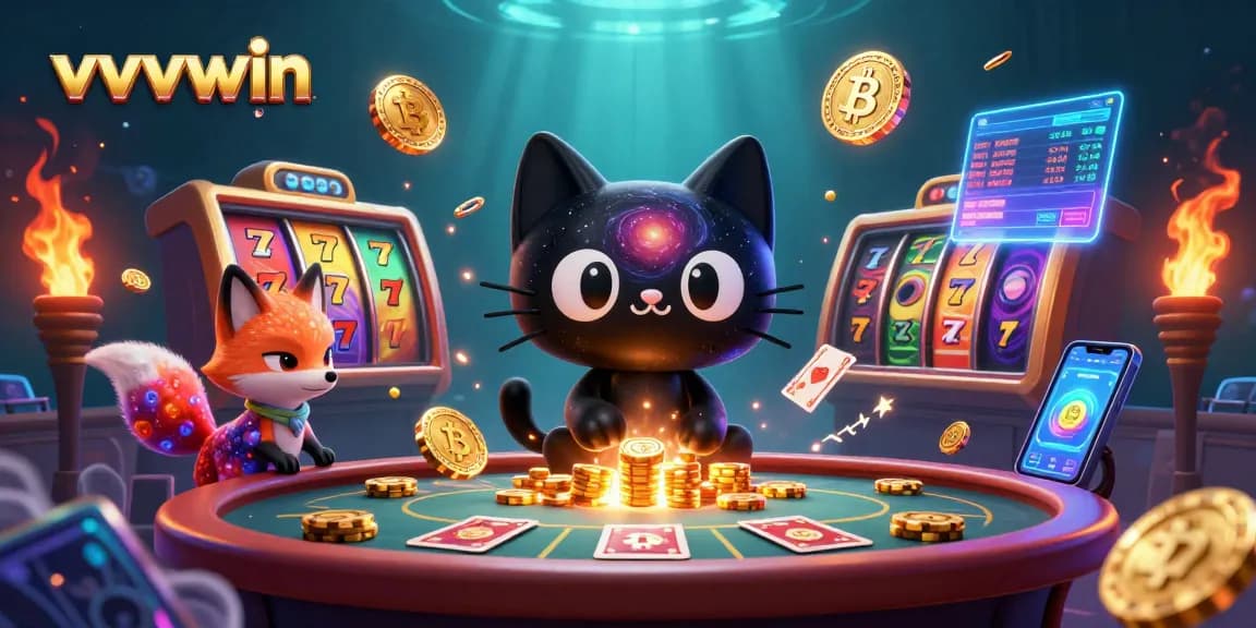 Engage with vvvwin's thrilling cosmic casino experience featuring golden chips and vibrant slot reels.