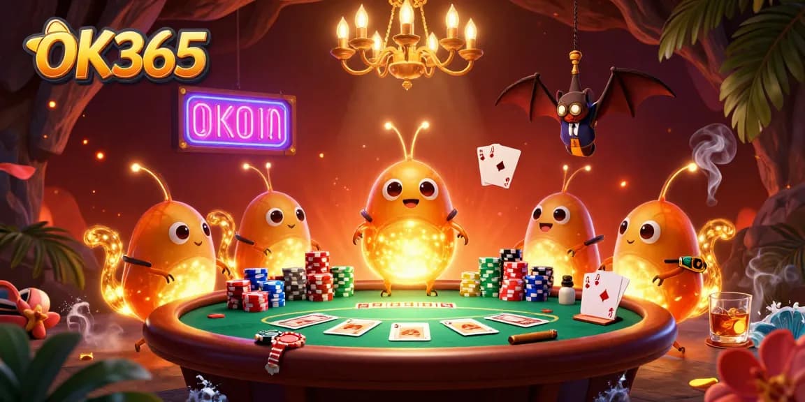 Spin and win at OK365's dazzling cave casino illuminated by glowworms and vibrant poker elements