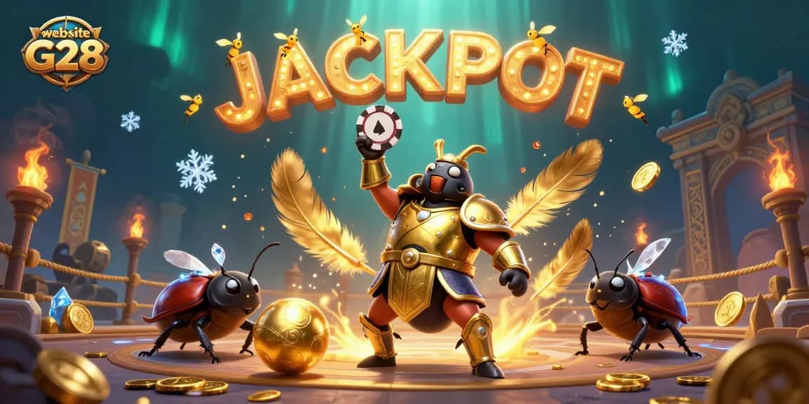 Celebrate winnings with the vibrant illustration of website G28 featuring a heroic beetle victory in a casino