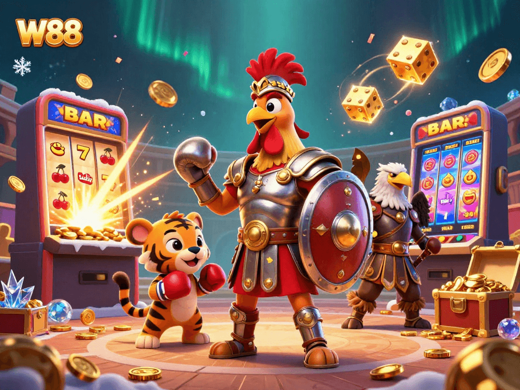W88 brings excitement with vibrant slots, a rooster champion, and thrilling casino elements.