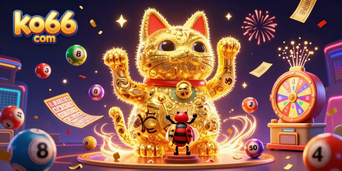 Experience the excitement at ko66 com with this vibrant casino-themed illustration featuring a lucky cat.