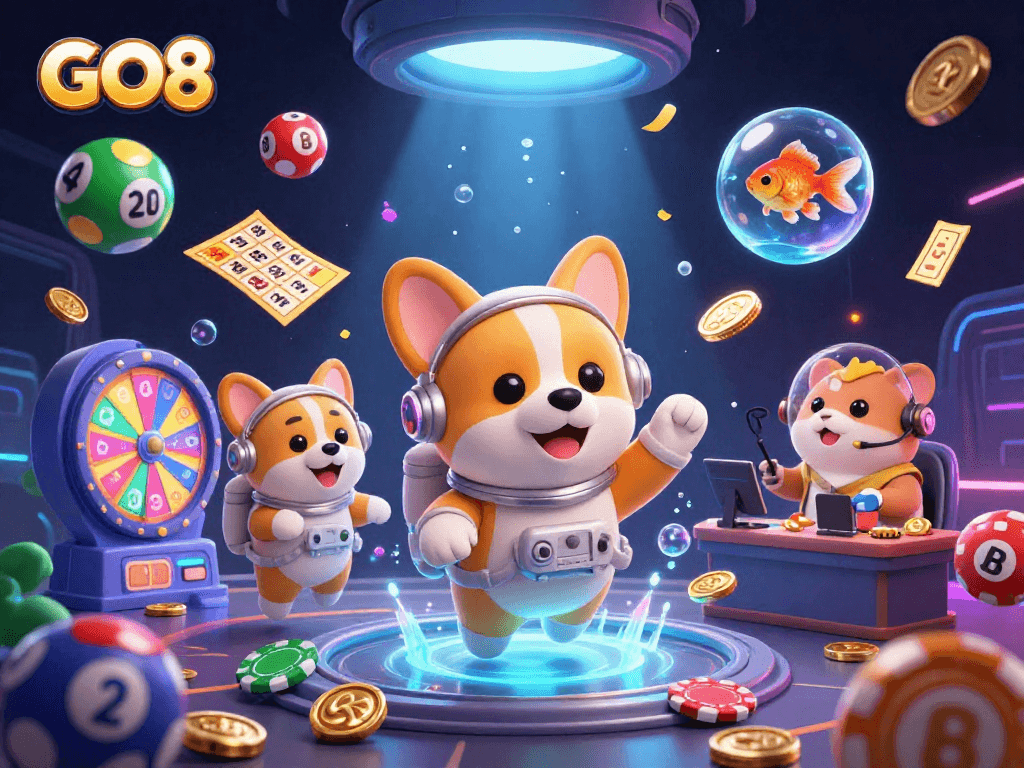 Engage with GO8’s thrilling online casino experience in a vibrant digital illustration.