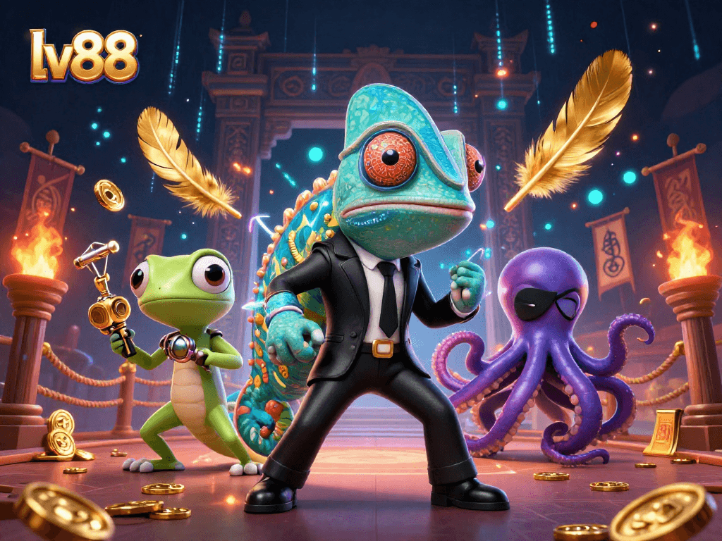 Experience exciting gameplay at lv88 with a vibrant chameleon, tech gecko, and octopus in a lavish casino atmosphere.