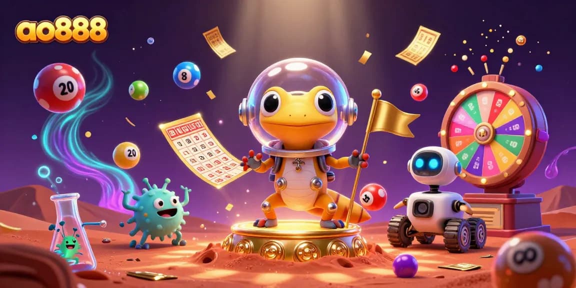 Experience the excitement of ao888 as the Martian gecko uncovers a golden casino with vibrant lottery elements.