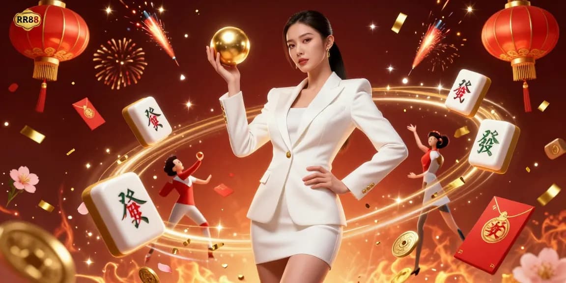 Engage with RR88's thrilling gaming scene featuring a confident woman with a roulette ball amid lavish luxury casino elements.