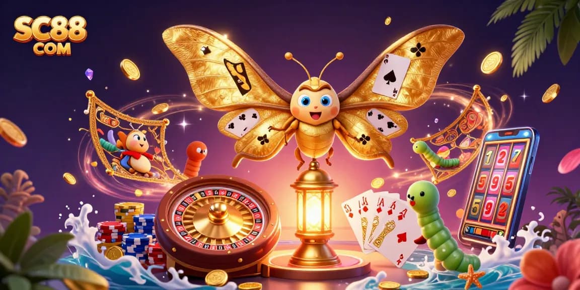 Experience the thrill of SC88 COM with golden coins and casino elements for online gaming excitement.