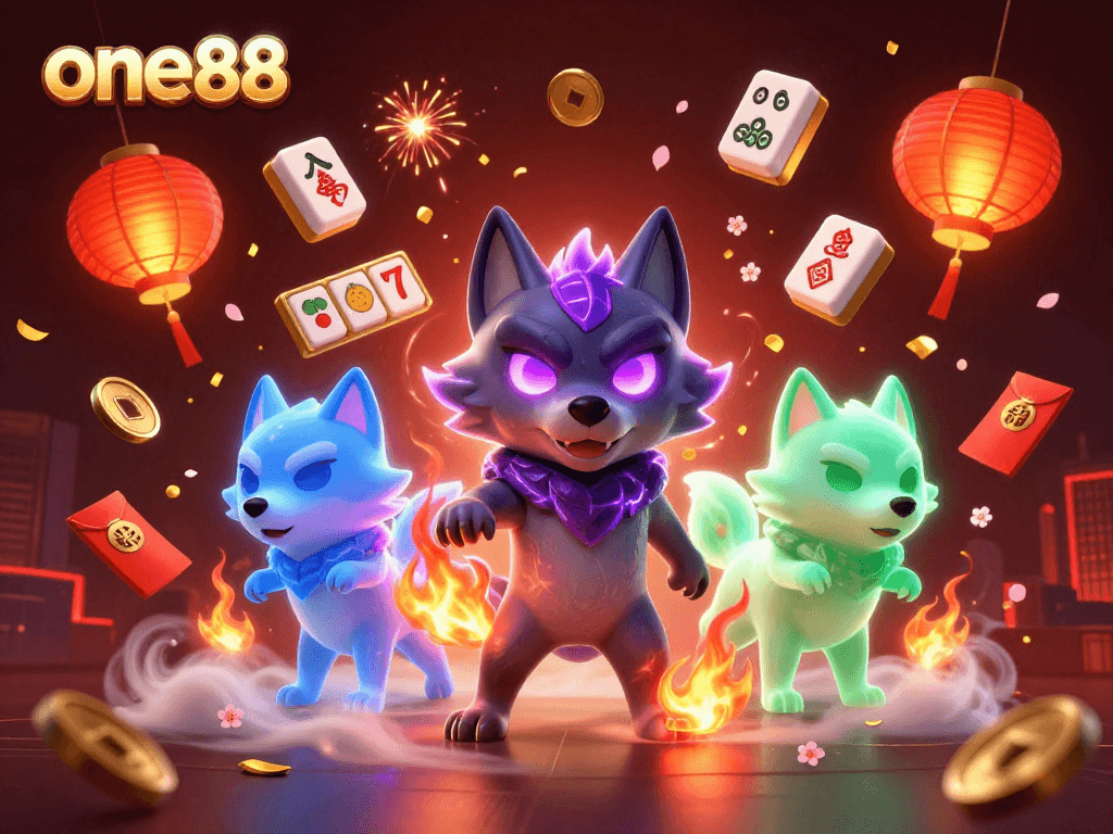 Experience the thrill of slots with one88, featuring enchanting wolves in a dynamic, colorful casino scene.