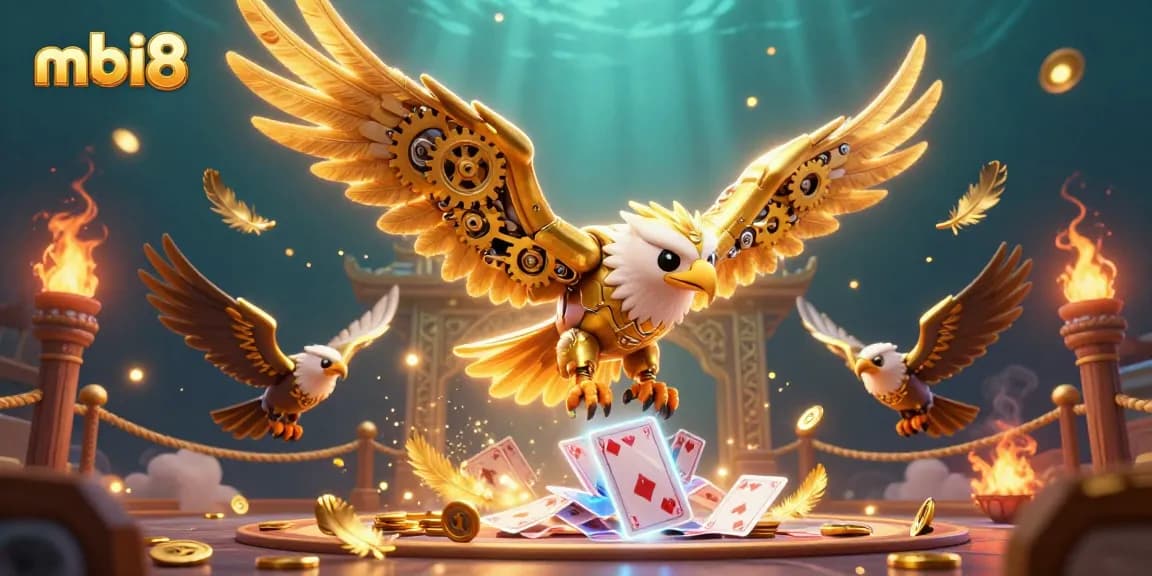 Experience thrilling gaming action at mbi8 with a cybernetic eagle flying through holographic cards.