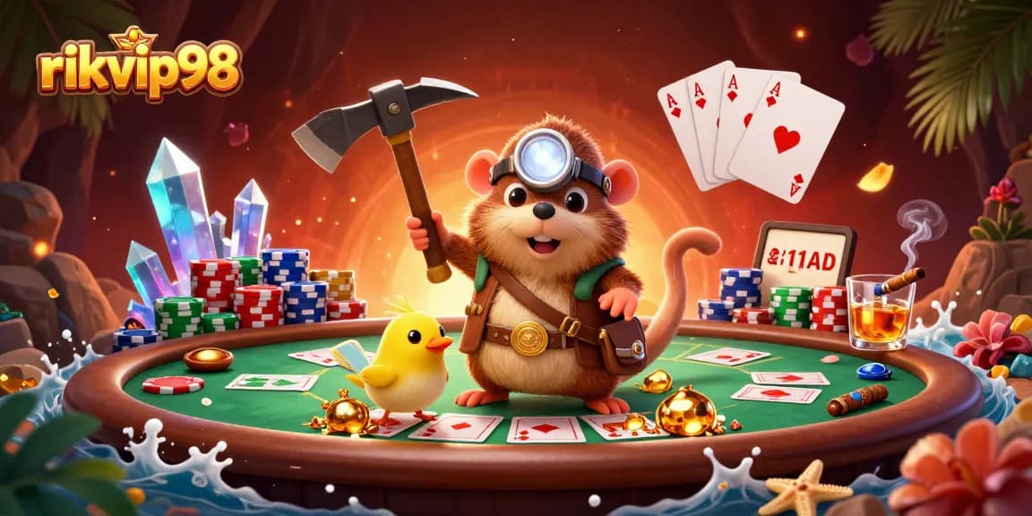 Experience the excitement of rikvip98 with this vibrant 3D illustration of treasure hunting amidst poker elements.