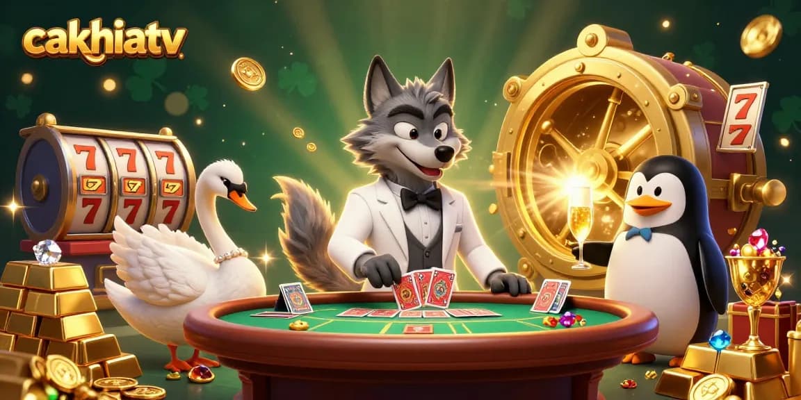 Win at slots with cakhiatv featuring a debonair wolf and elegant characters in a vibrant casino scene.