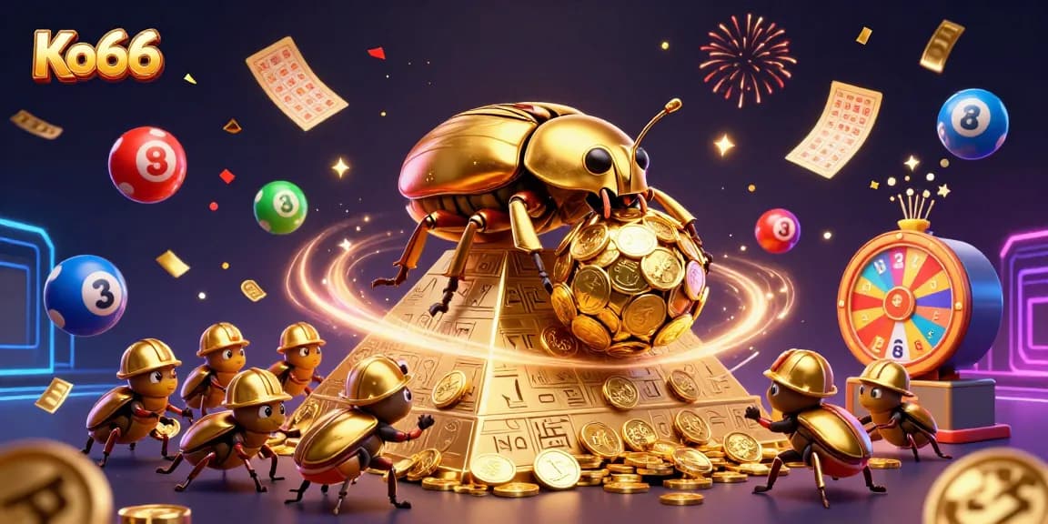 Experience the excitement of Ko66 as golden coins and lottery elements celebrate winning moments in this vibrant casino scene.