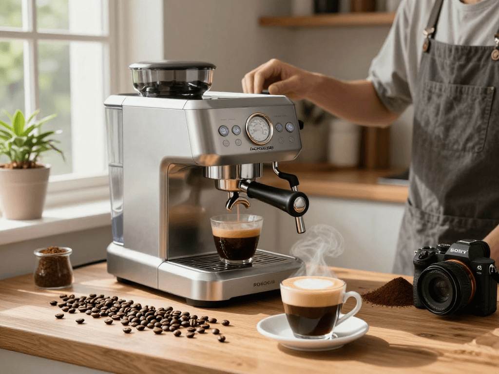 Creating espresso with ROKOK88 Espresso Machine in a warm kitchen setting.
