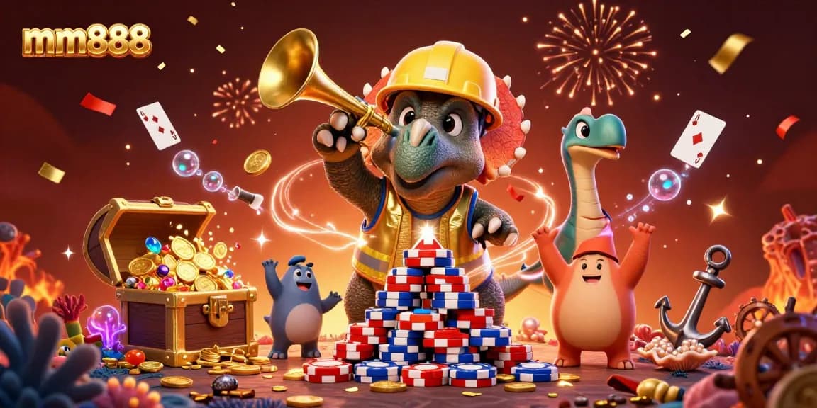 Join the excitement of mm888 with a colorful celebration of poker and gaming in a vivid 3D scene.