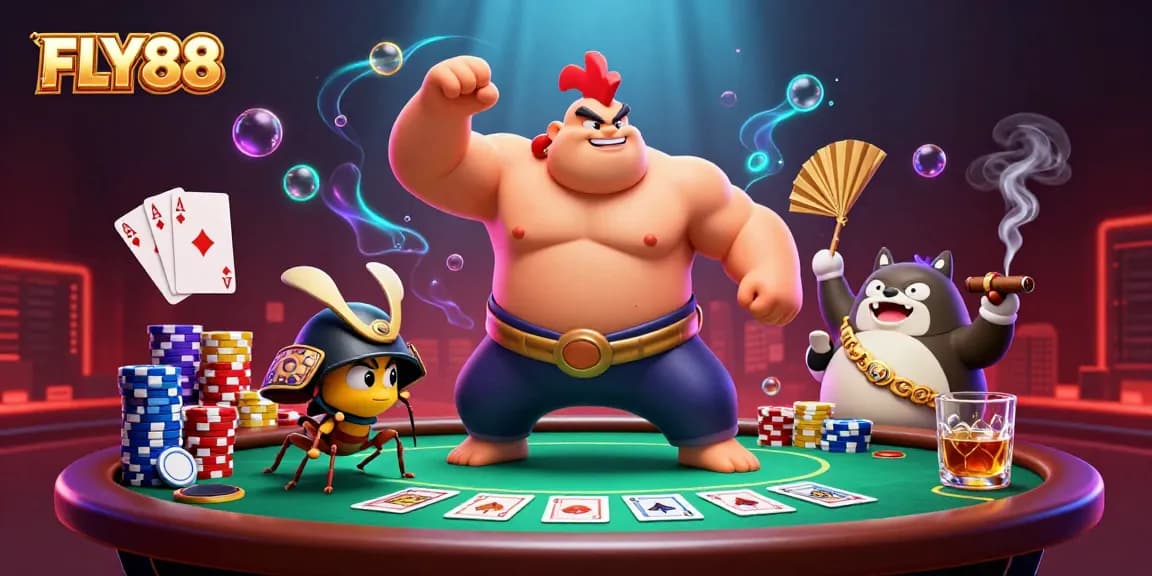 FLY88 features a powerful sumo wrestler rooster in a lively casino scene with poker elements and dynamic gameplay.